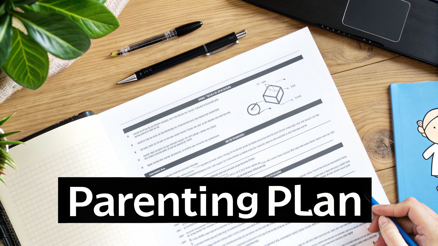 A hand writes on a 'Parenting Plan' document, surrounded by office supplies on a wooden desk.