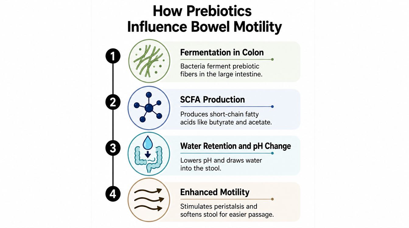 An infographic showing the four steps of how prebiotics improve bowel motility and digestive health.