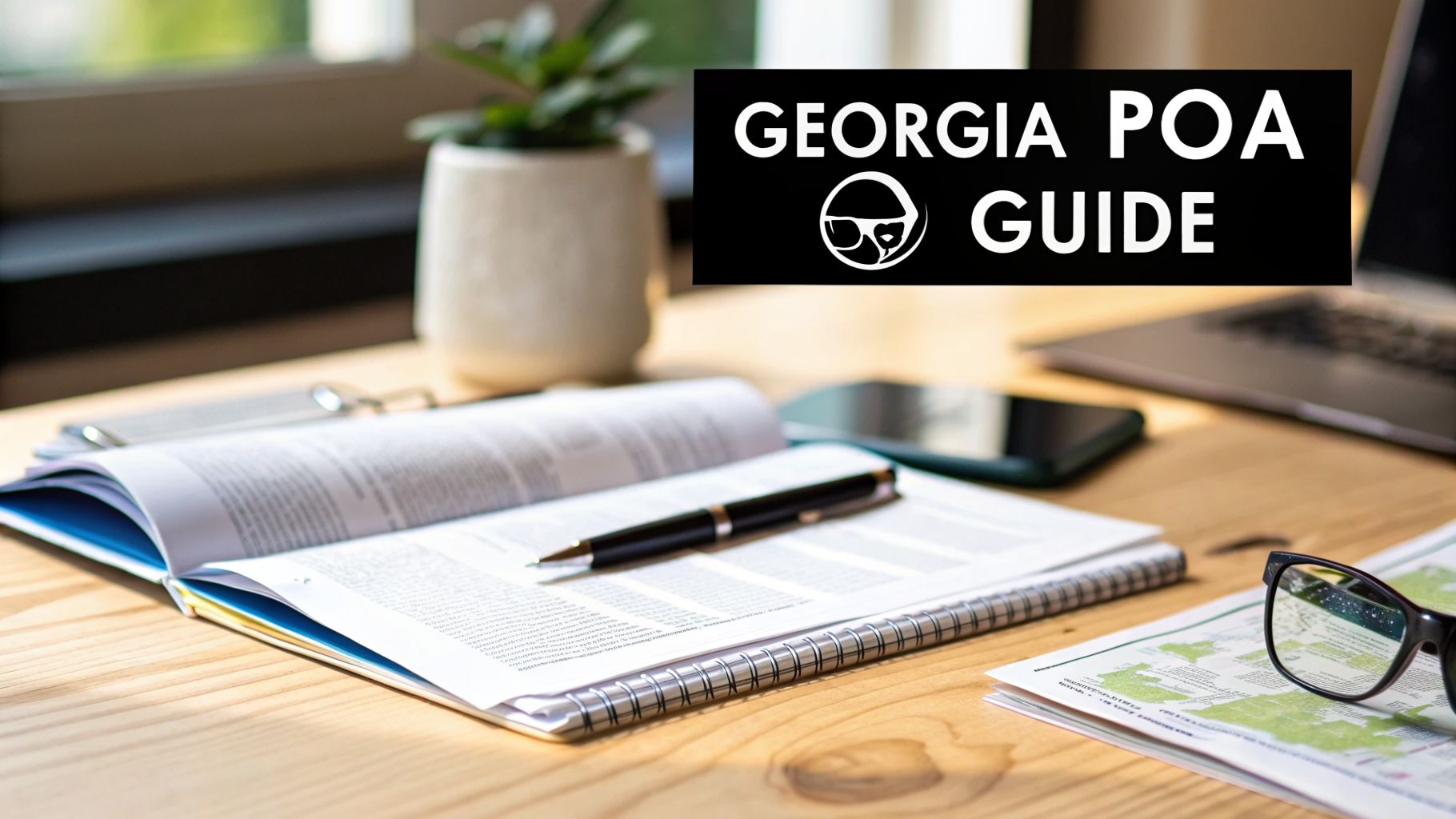 A wooden desk setup with an open book, pen, glasses, and a 'Georgia POA Guide' banner.