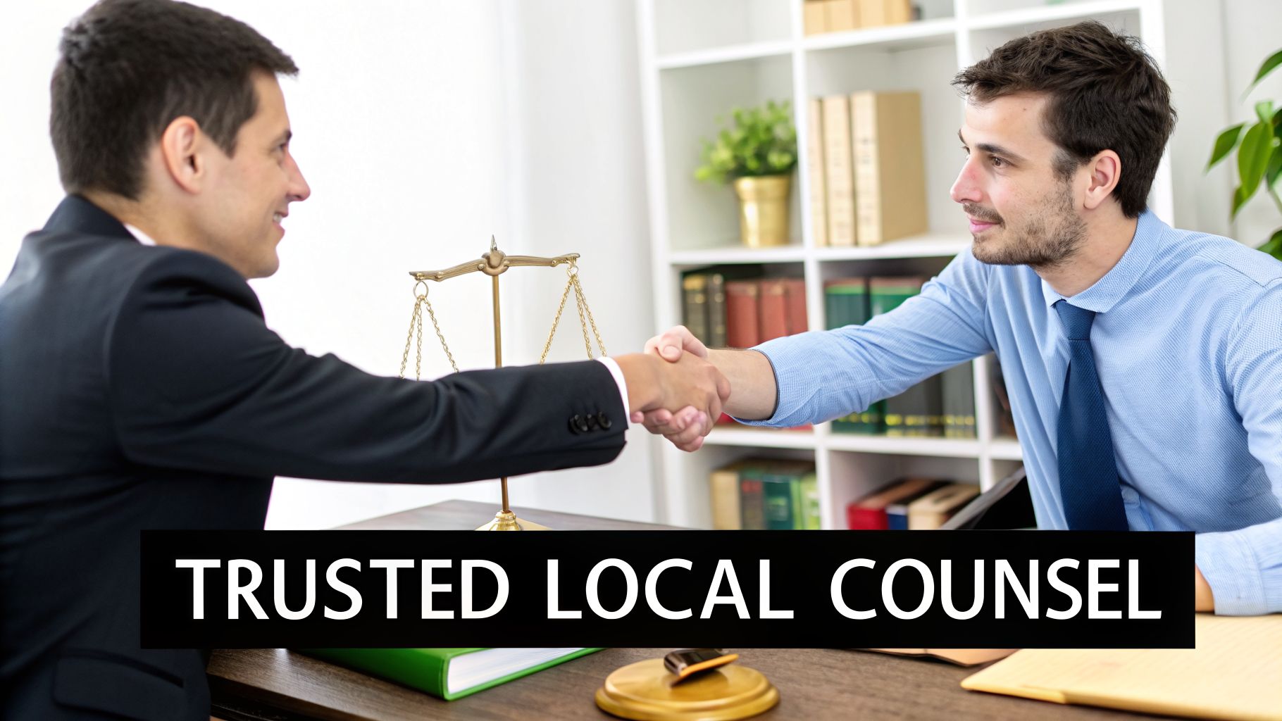 Two men, a lawyer and client, shake hands in an office with a scale of justice present.