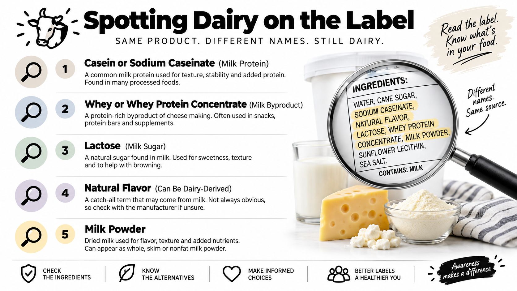 An infographic titled Spotting Dairy on the Label explaining various dairy-derived ingredients found in food products.