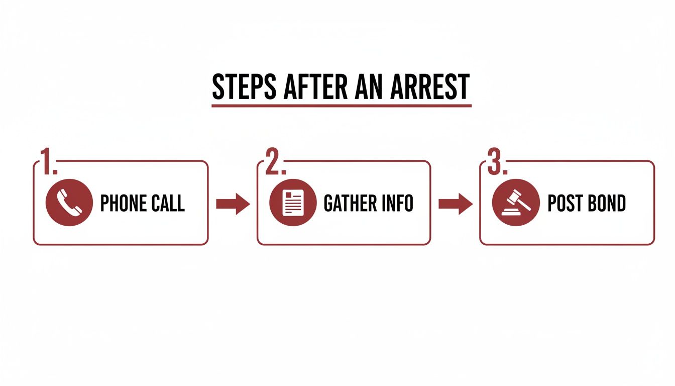 An infographic showing three steps after an arrest: 1. Phone Call, 2. Gather Info, 3. Post Bond.