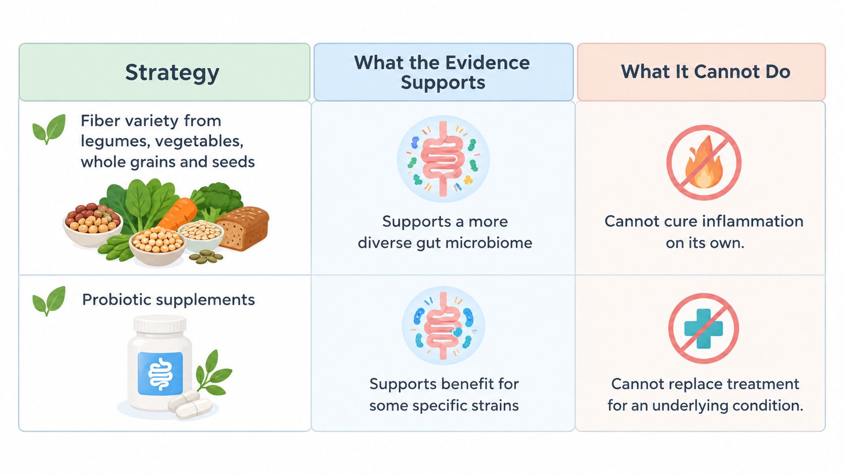 A table comparing the gut health benefits and limitations of dietary fiber variety versus probiotic supplements.
