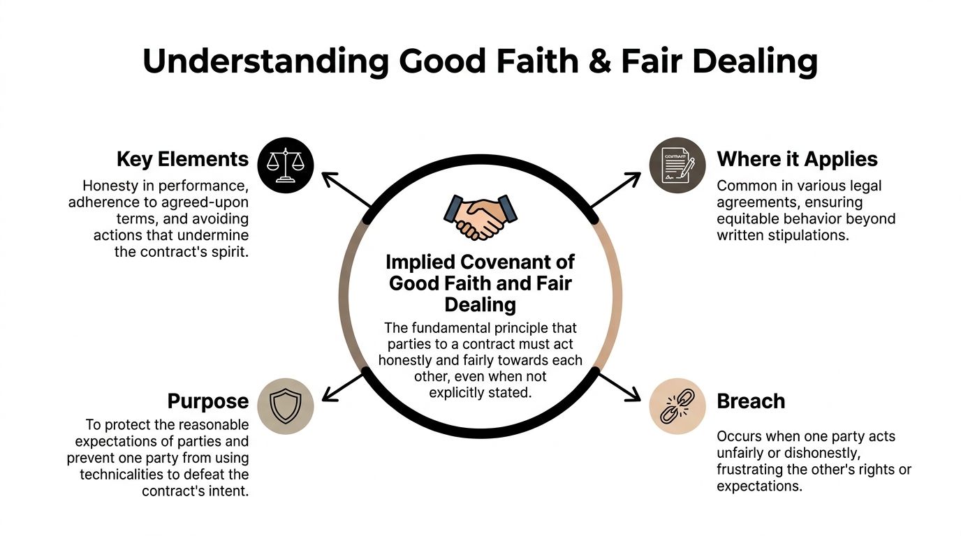 An infographic explaining the implied covenant of good faith and fair dealing in contractual agreements.