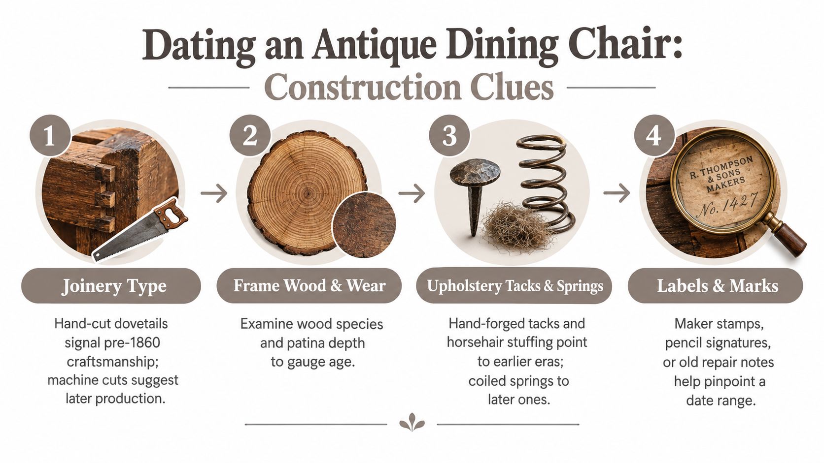An infographic detailing four construction clues to look for when dating antique upholstered dining chairs.