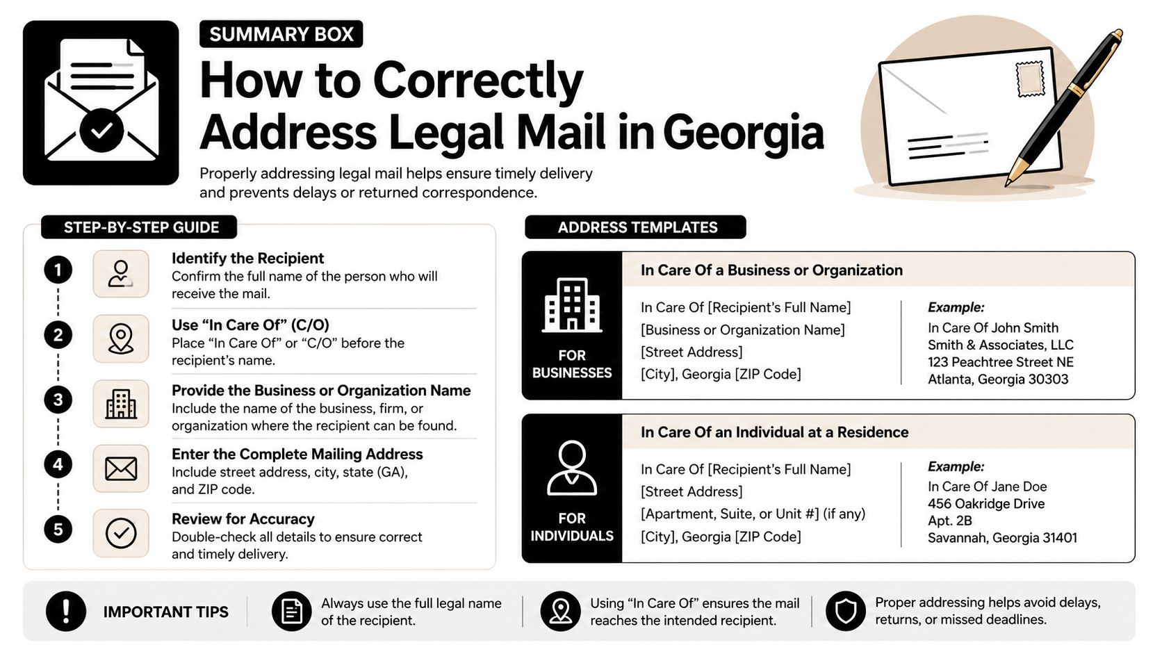 An infographic detailing how to properly address legal mail in Georgia using the In Care Of format.