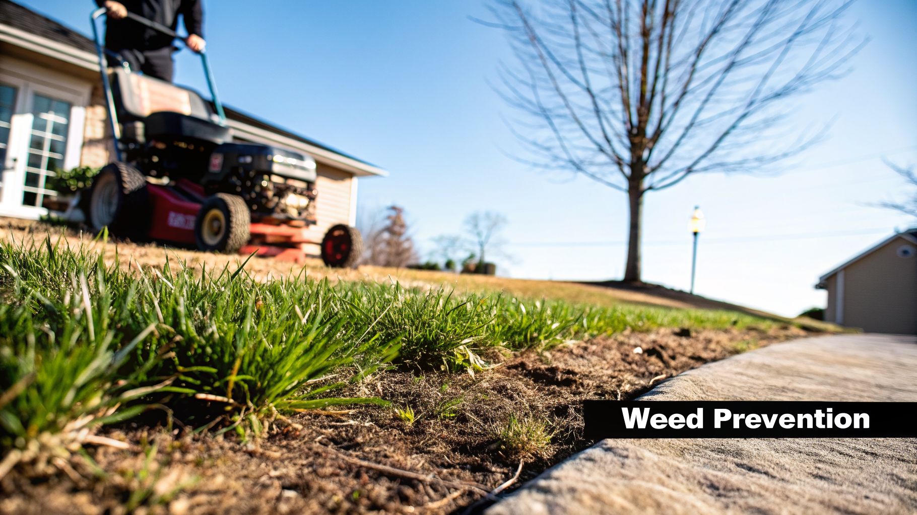 A person mows a lawn on a sunny day, with foreground showing grass, dirt, and a sidewalk.
