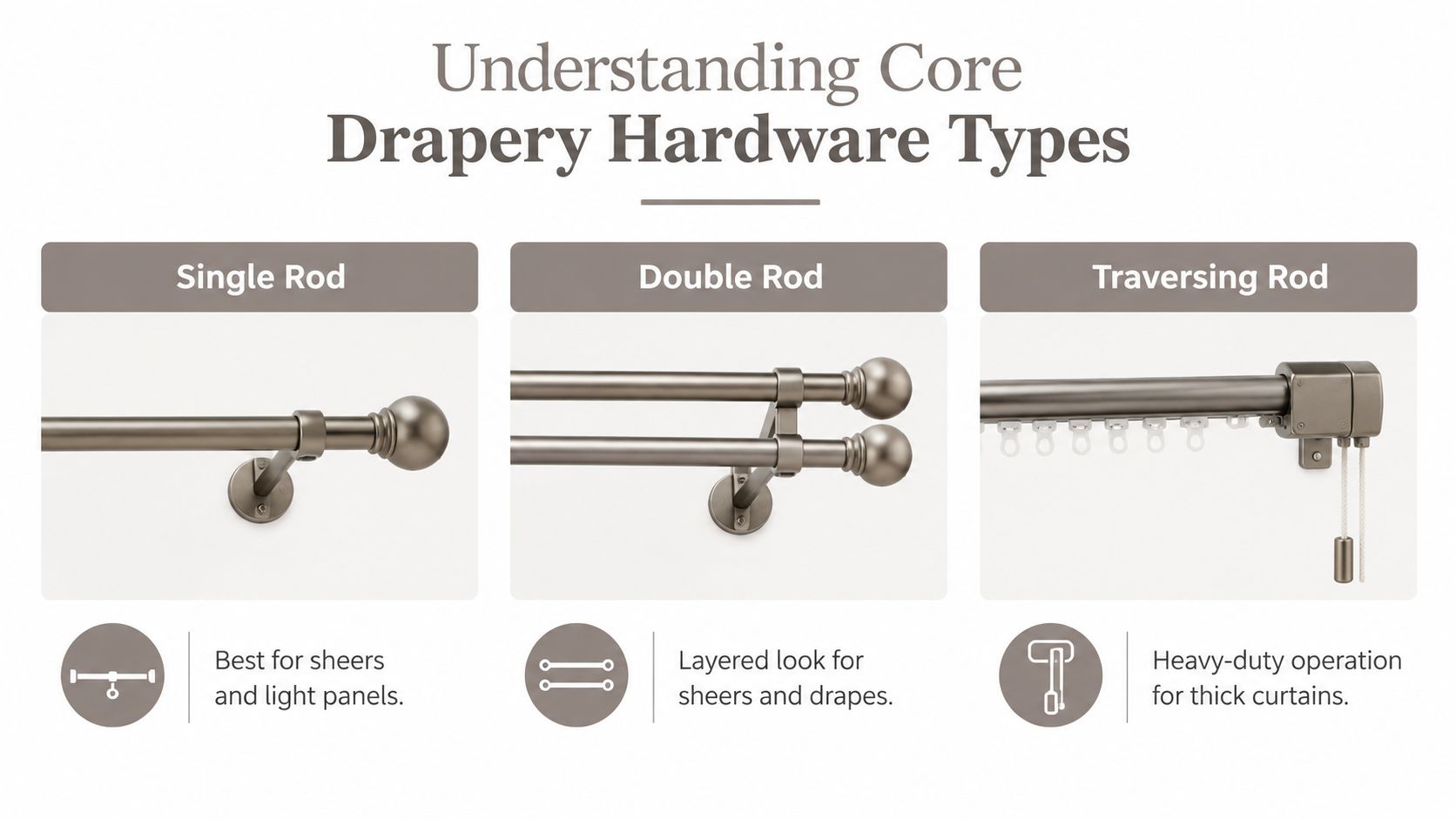 A visual guide comparing single, double, and traversing drapery hardware types for window treatment selection.