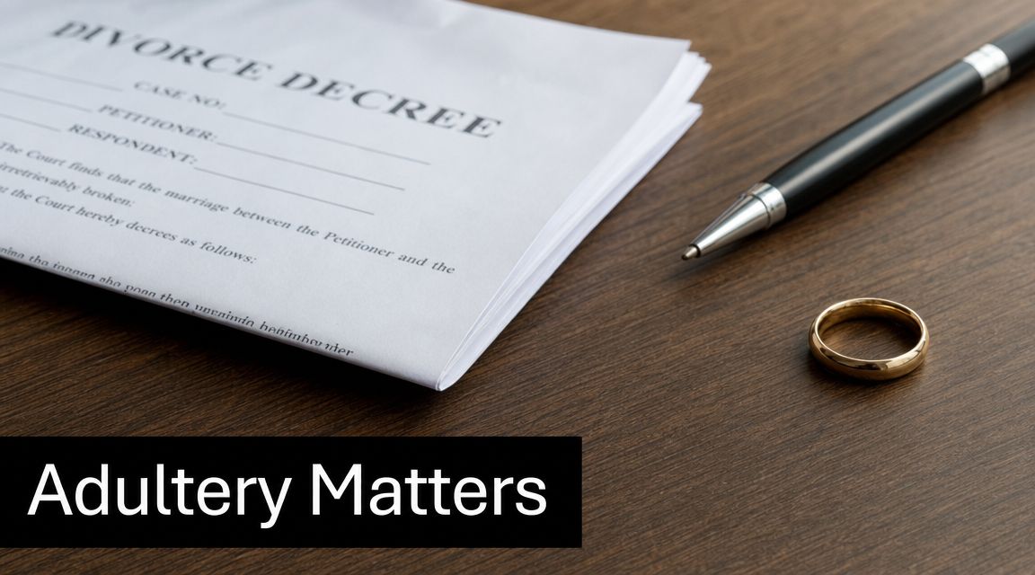 A divorce decree document lies on a table next to a wedding ring and a fountain pen.
