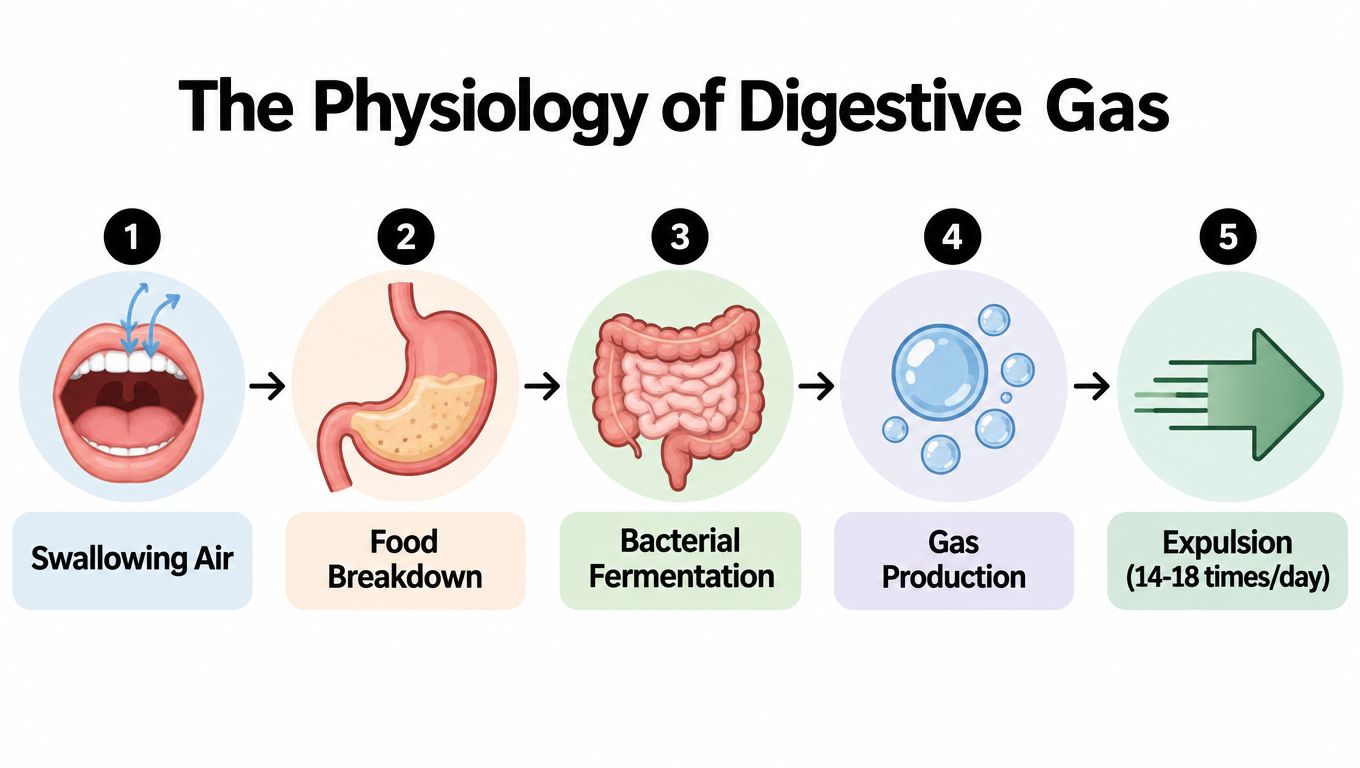 An infographic showing the five-step physiology of digestive gas from swallowing air to eventual expulsion.