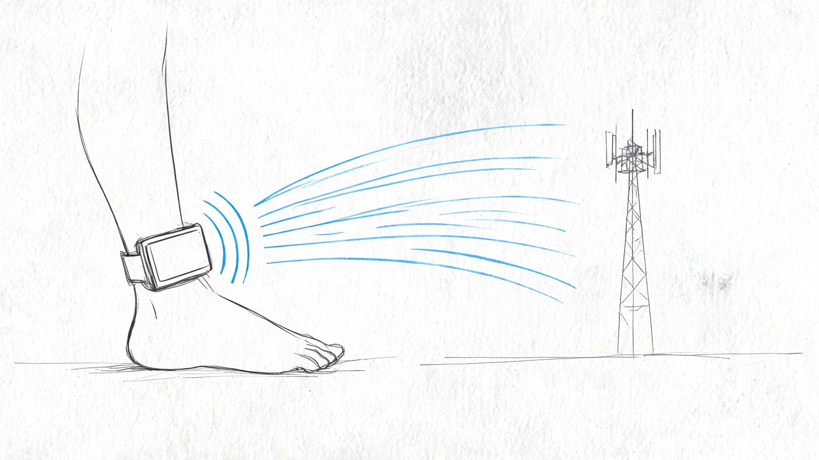 A hand-drawn sketch of an ankle monitor transmitting a signal to a distant cellular tower.