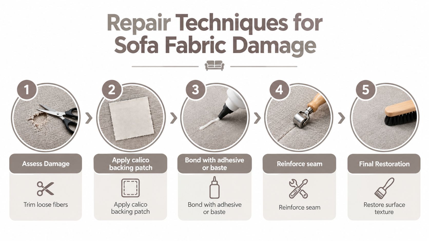 An infographic illustrating five steps for repairing damaged sofa fabric using tools like scissors, patches, and brushes.