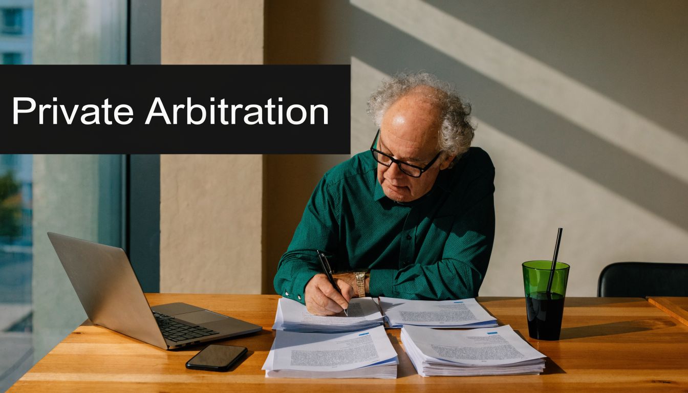 A professional man with glasses sitting at a desk and reviewing legal documents for private arbitration purposes.