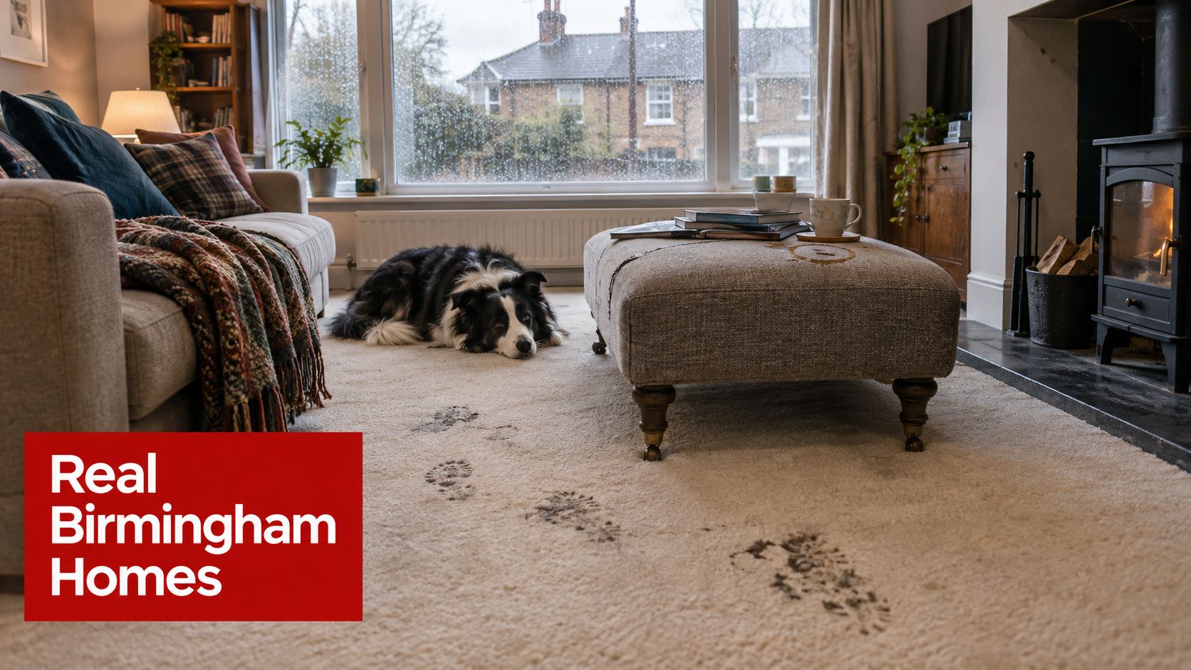 A cozy living room with a border collie dog resting on a carpet showing muddy paw prints.