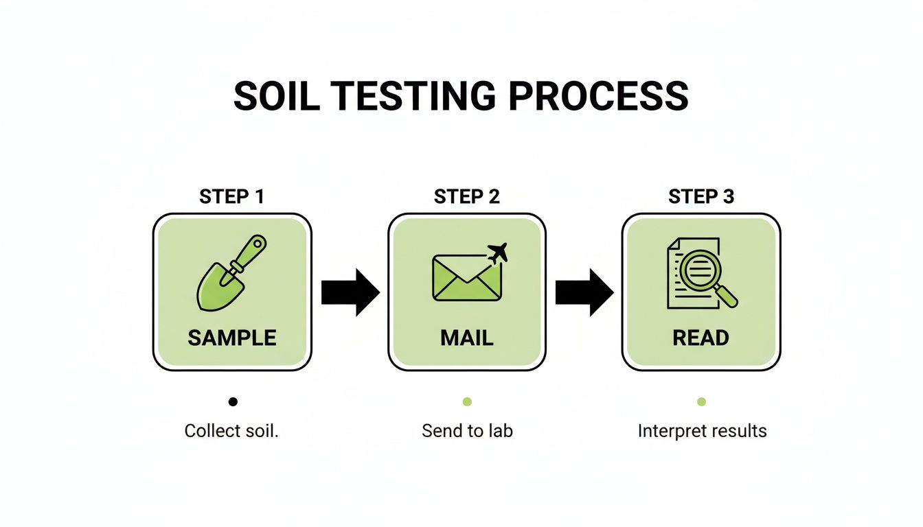 A three-step infographic outlining the soil testing process: sample, mail, and interpret results.