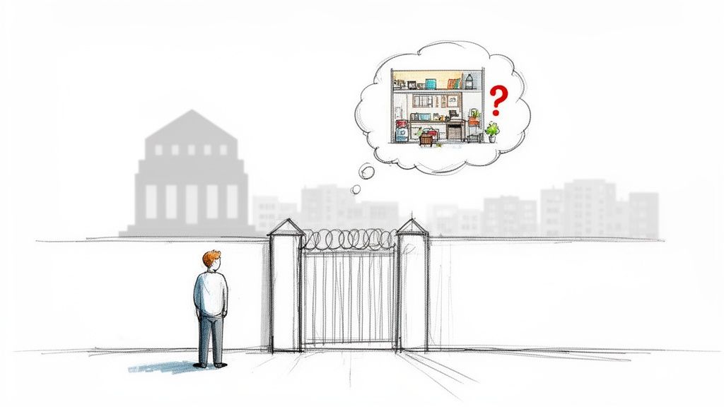 A man looks at a barbed wire fence, contemplating a detailed multi-story apartment in his thought bubble.