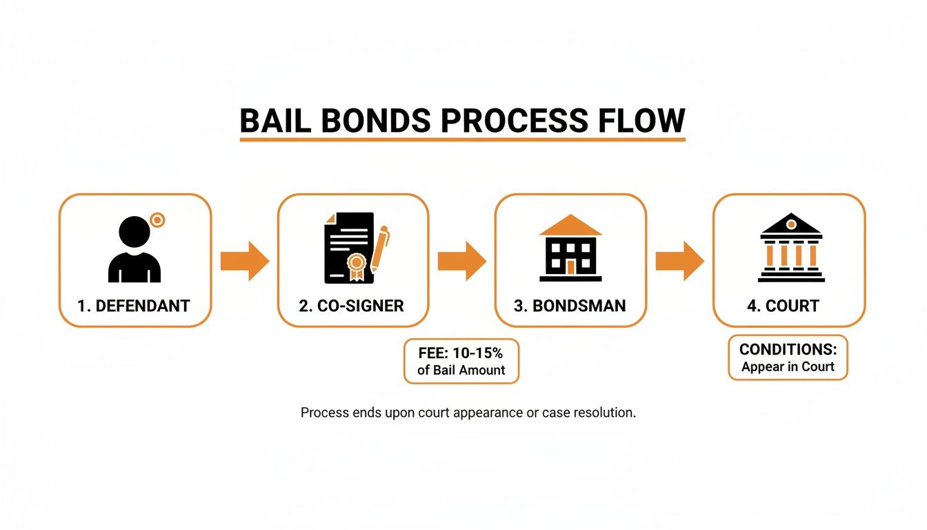 A process flow diagram illustrating the four steps of the bail bonds process, from defendant to court.