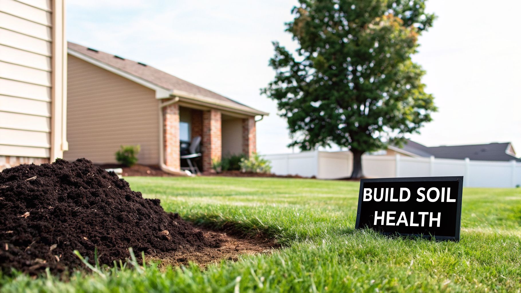 A pile of dark, rich soil on a green lawn with a sign saying "BUILD SOIL HEALTH" in a suburban backyard.