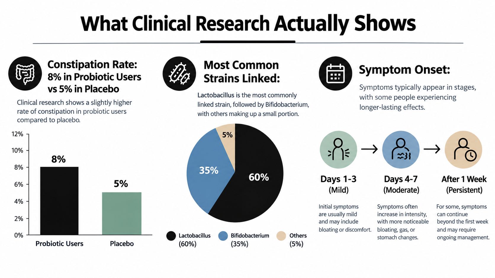 An infographic showing clinical research findings linking probiotic usage to potential side effects like mild constipation.