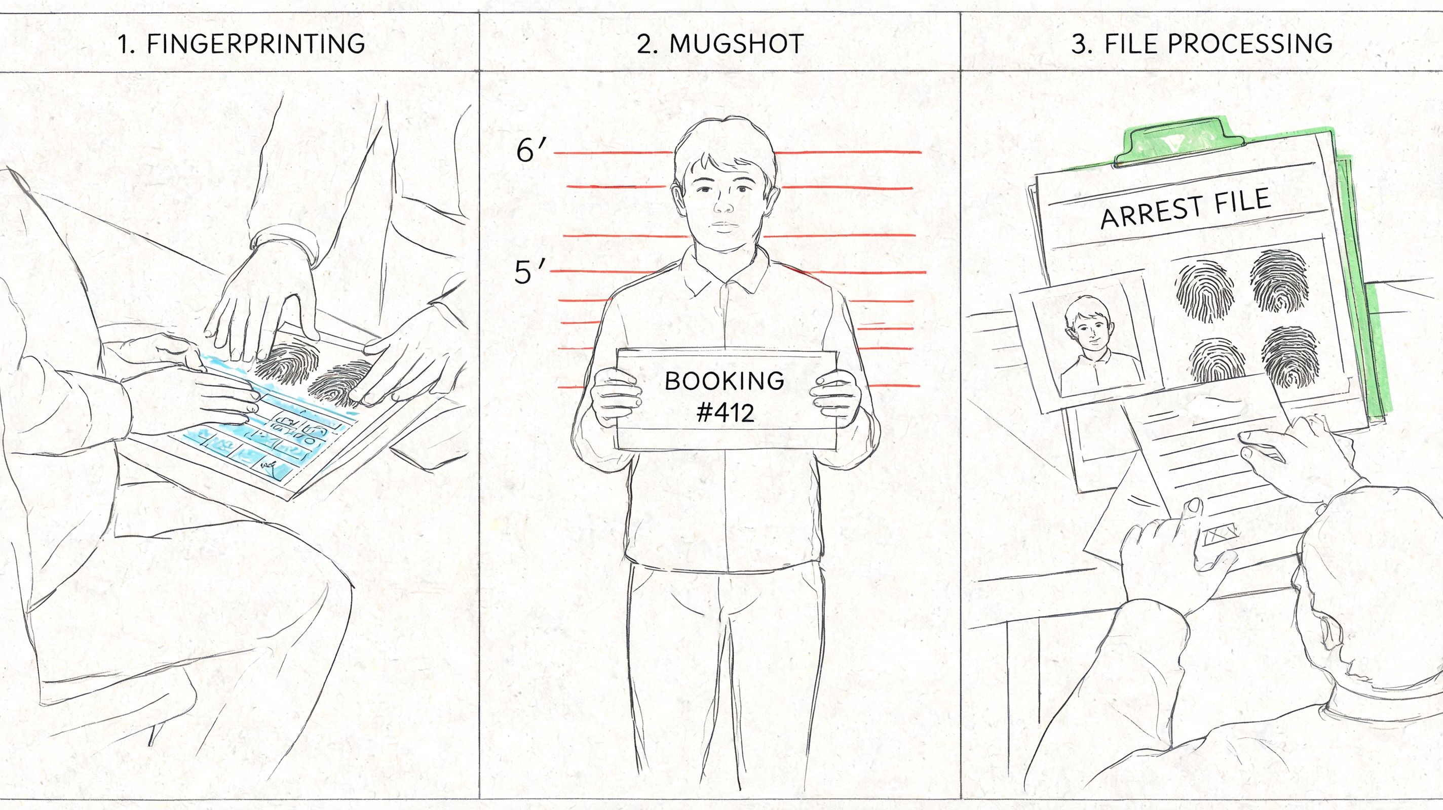 A three-part illustration showing the criminal booking process including fingerprinting, a mugshot, and file processing.