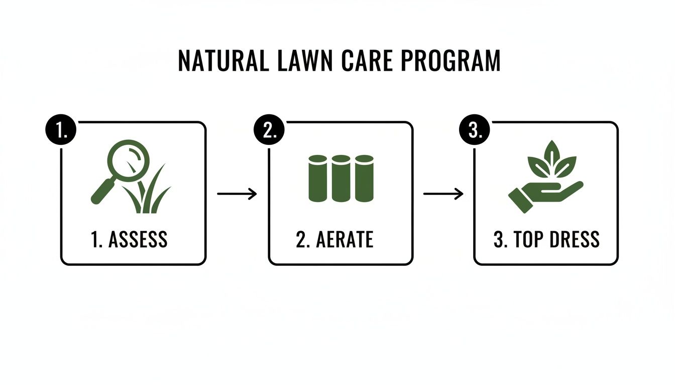 A three-step natural lawn care program flow, including assess, aerate, and top dress.
