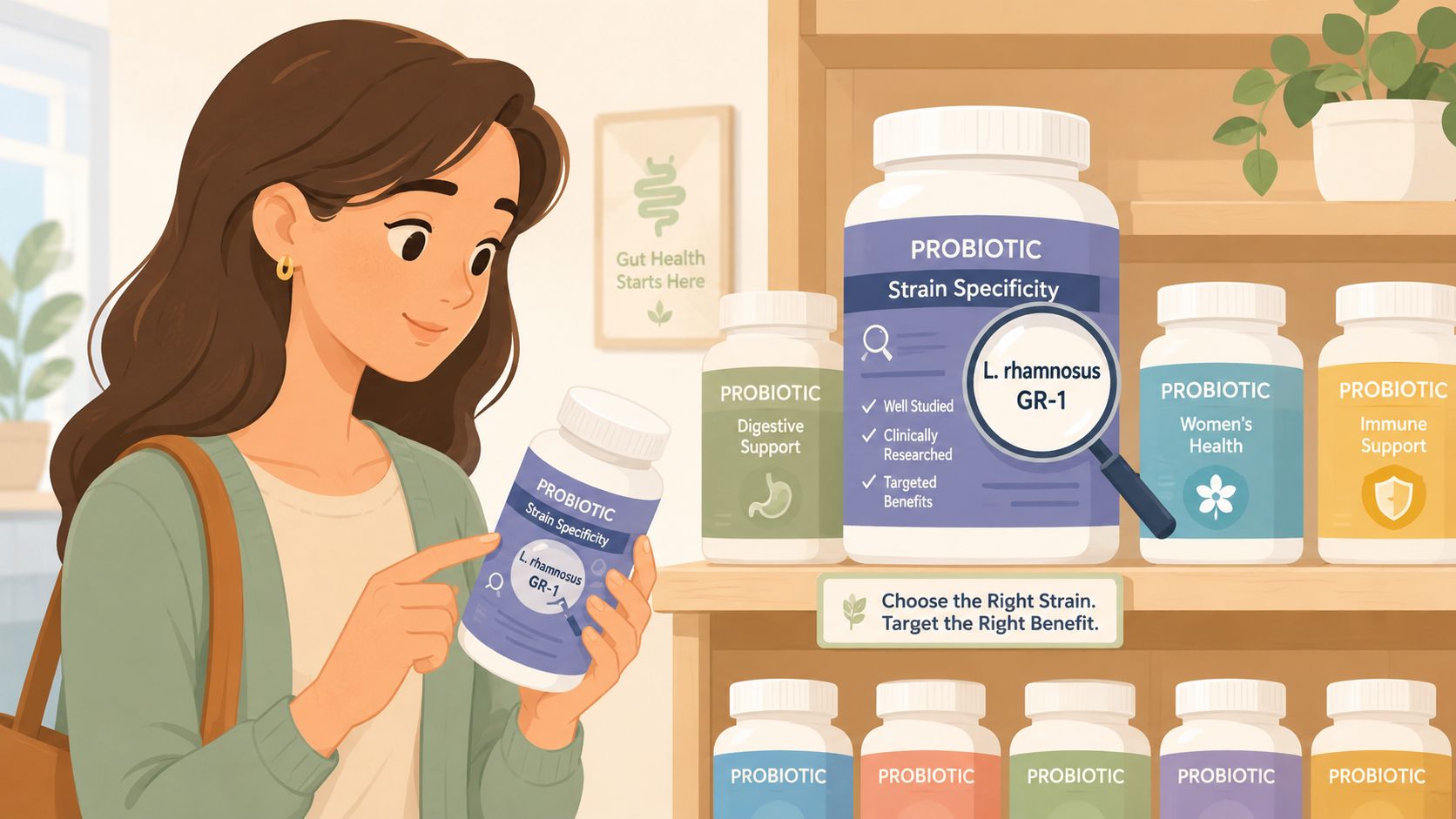 A woman shopping for probiotics, specifically selecting L. rhamnosus GR-1, in a pharmacy with diverse product shelves.