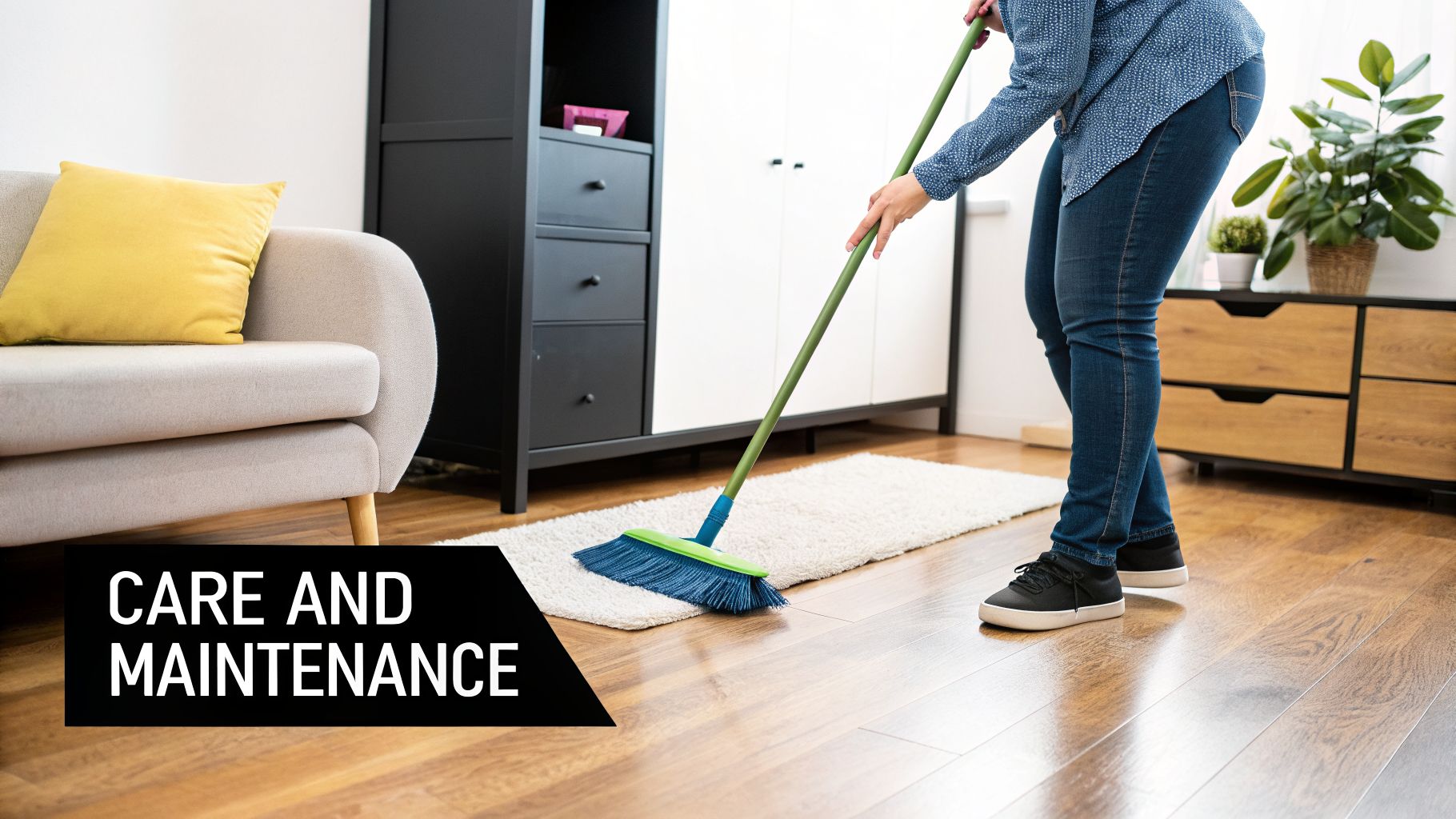 Person sweeping a rug on shiny hardwood plank flooring, emphasizing home care and maintenance.