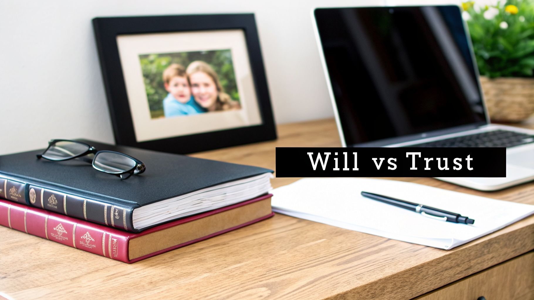 A professional desk setup featuring legal books, reading glasses, a laptop, and 'Will vs Trust' text.