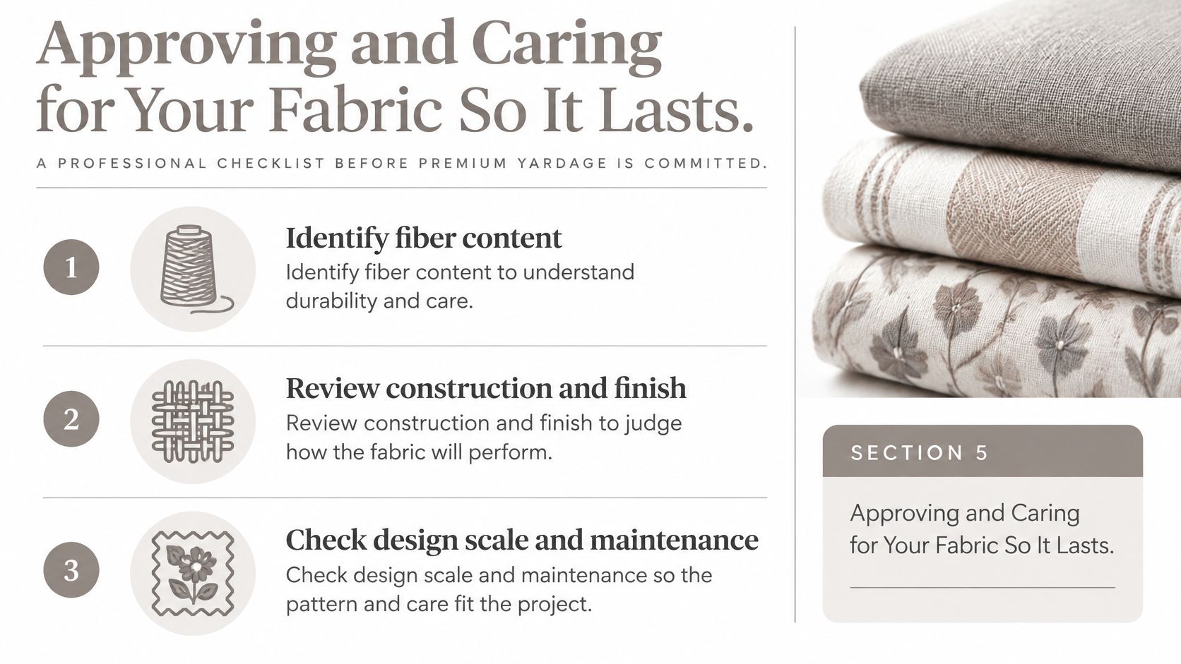A professional checklist for selecting fabric showing three numbered steps including identification and care instructions.
