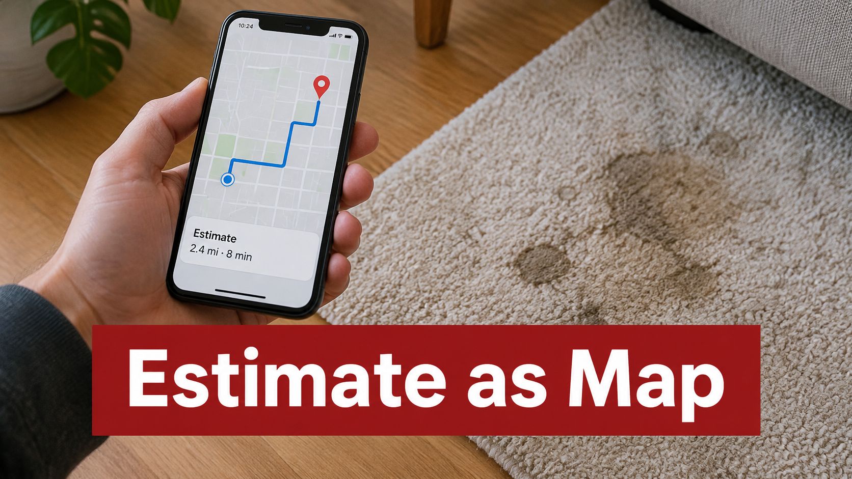 A smartphone held over a stained carpet showing a digital map interface with a route estimate.