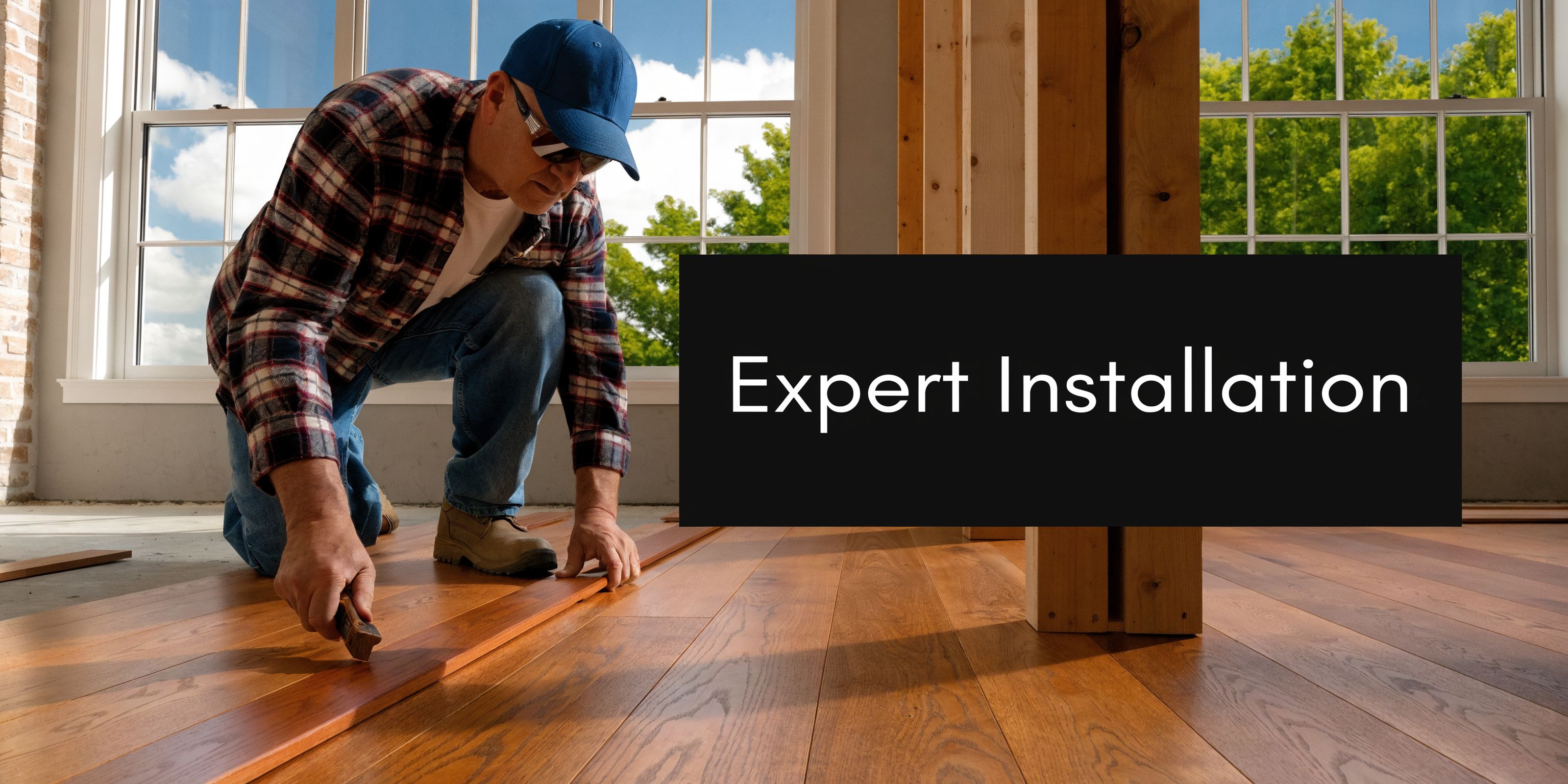 A professional flooring specialist carefully installing high-quality cherry wood floor planks in a sunlit modern home.