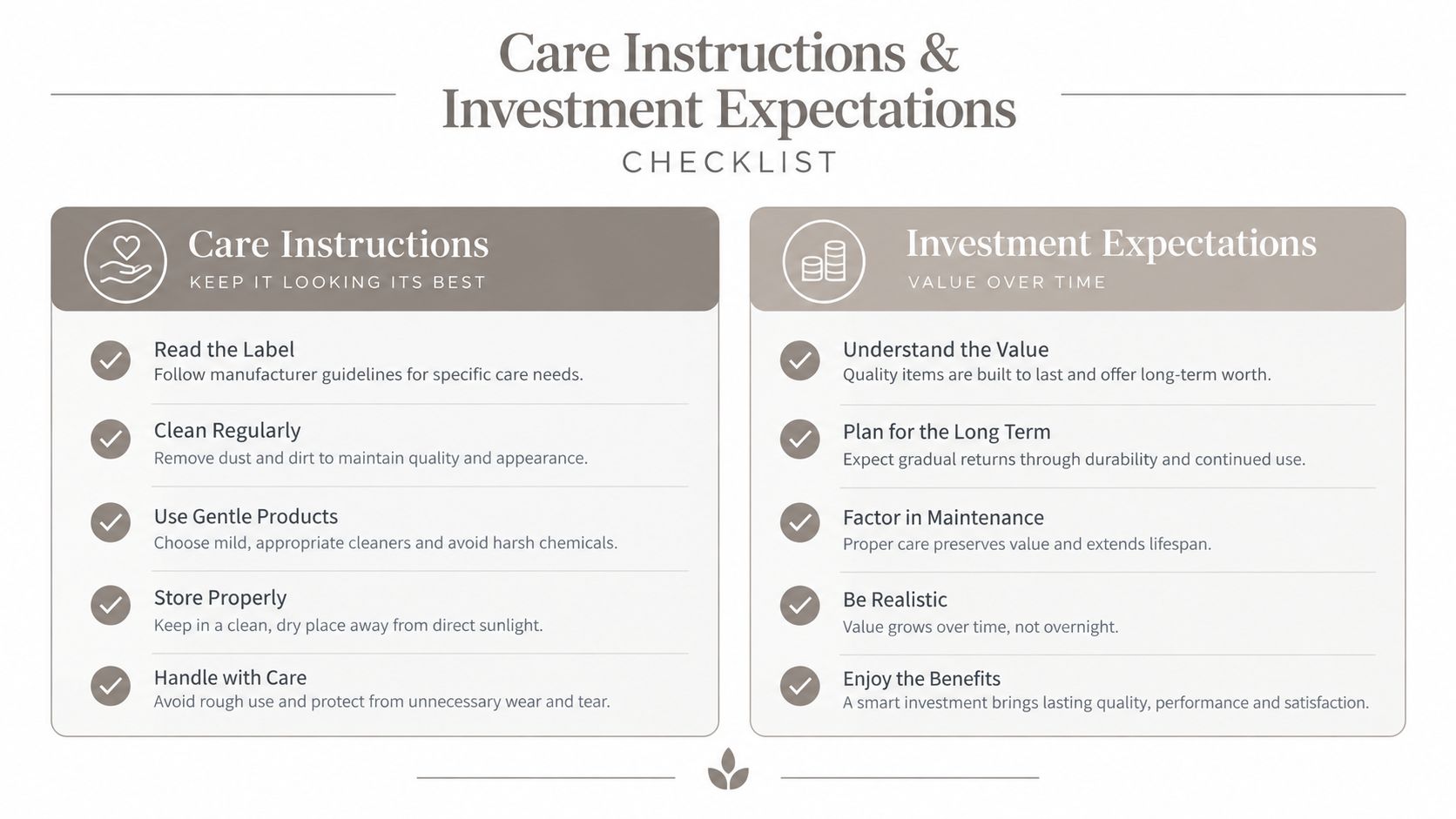 A checklist infographic titled Care Instructions and Investment Expectations detailing tips for maintaining quality items over time.