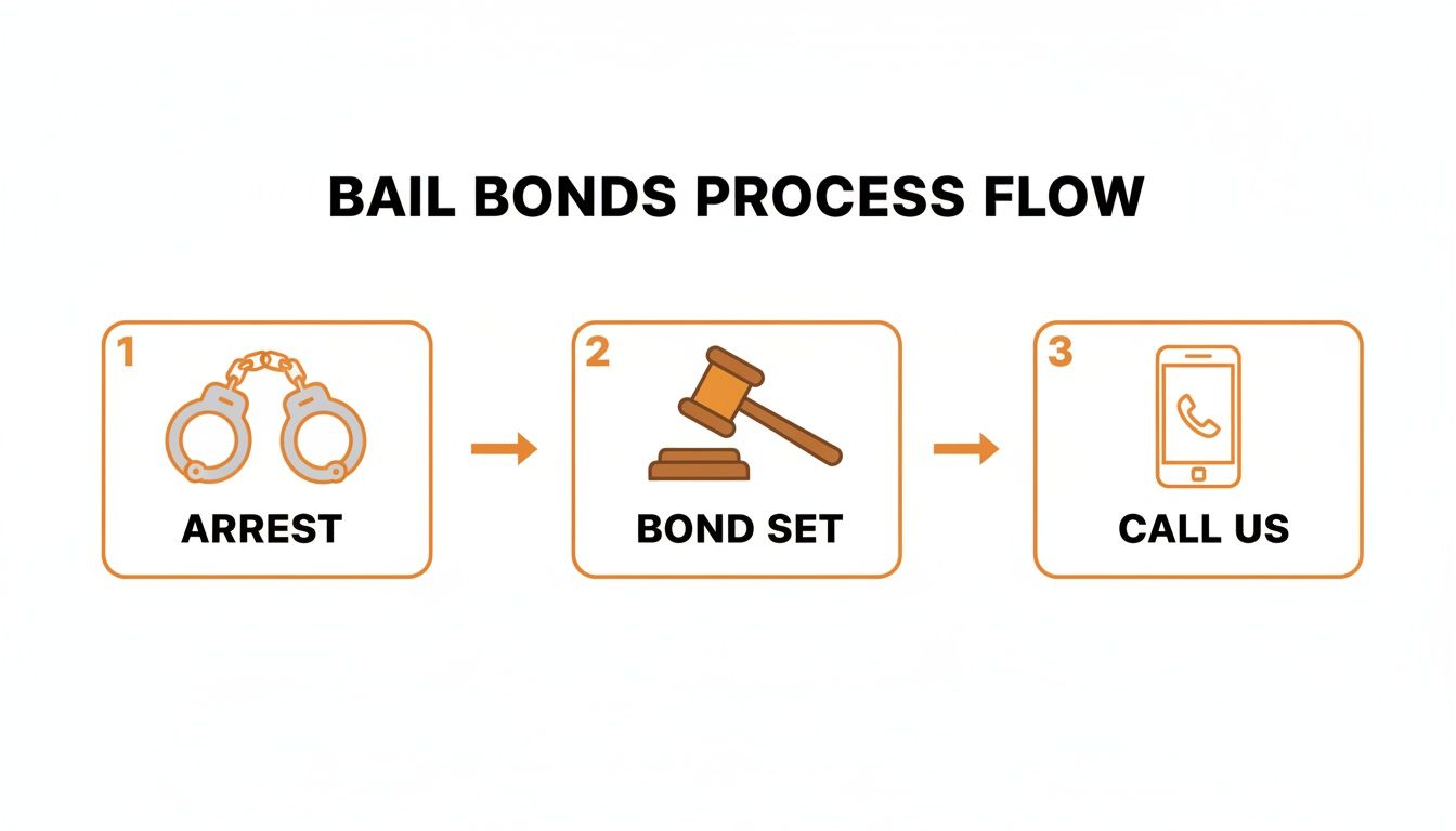 A diagram illustrates the three-step bail bonds process: arrest, bond set by gavel, and call us.