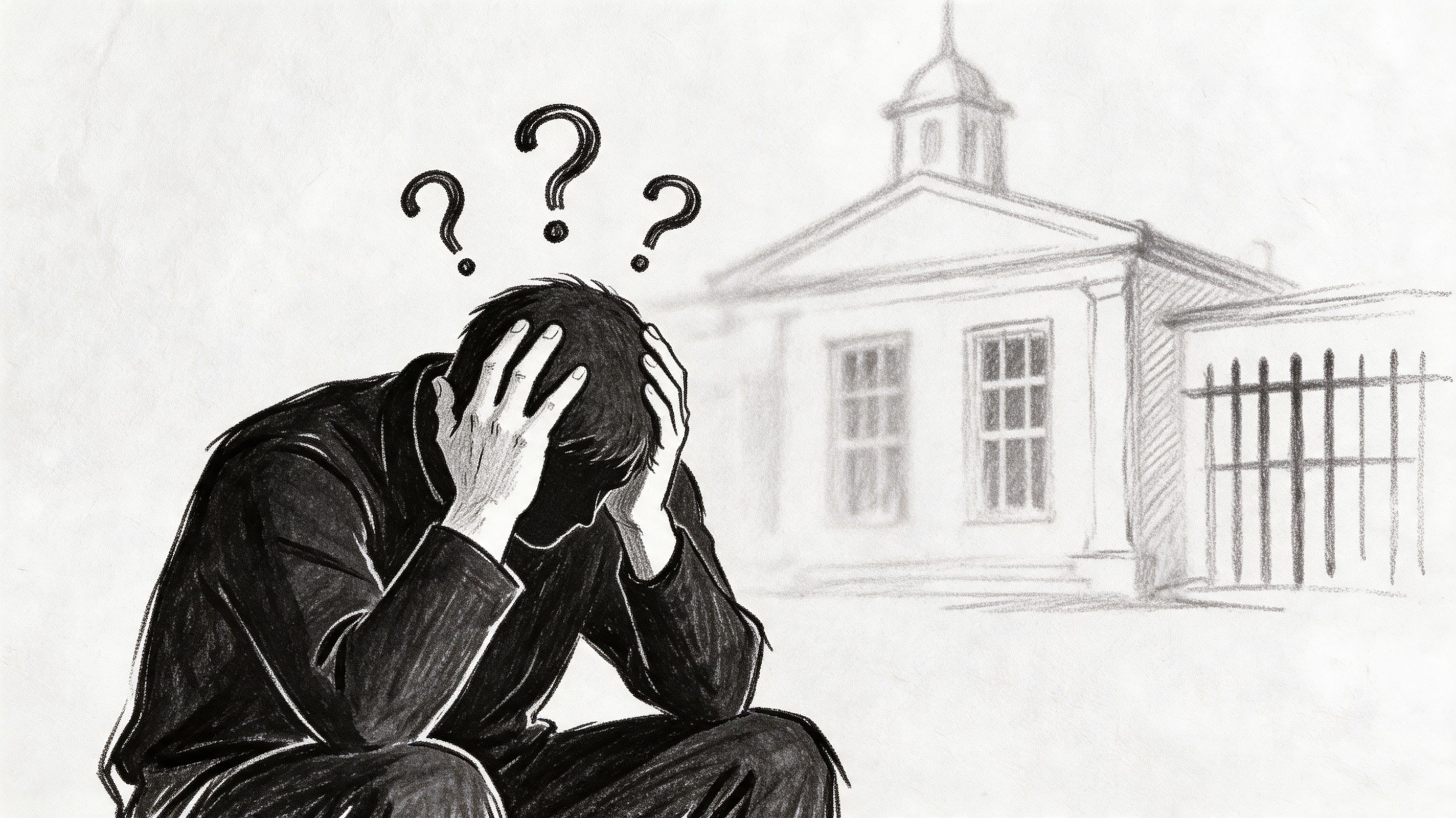A distressed person sitting with head in hands in front of a courthouse building with questions.