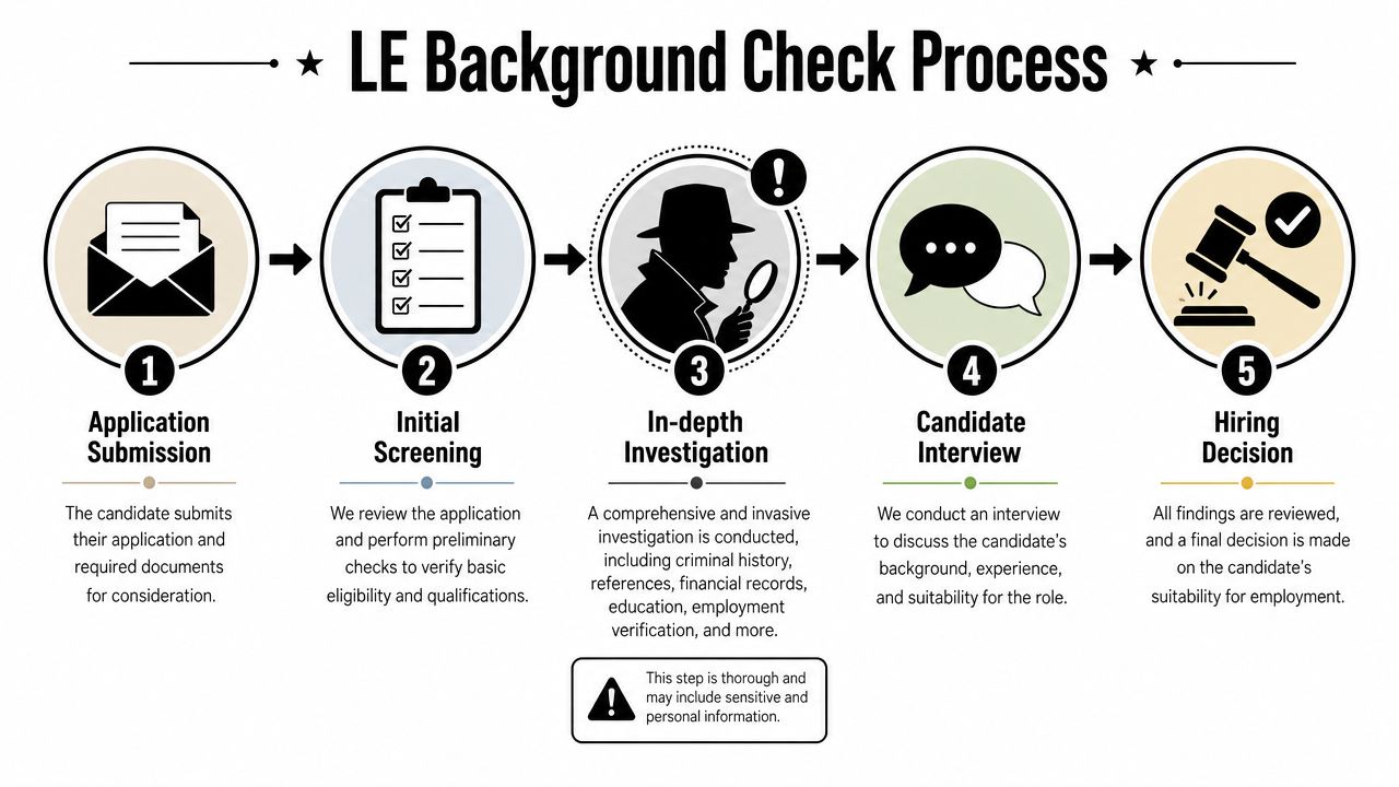 A five-step flowchart illustrating the law enforcement background check process from application submission to hiring decision.