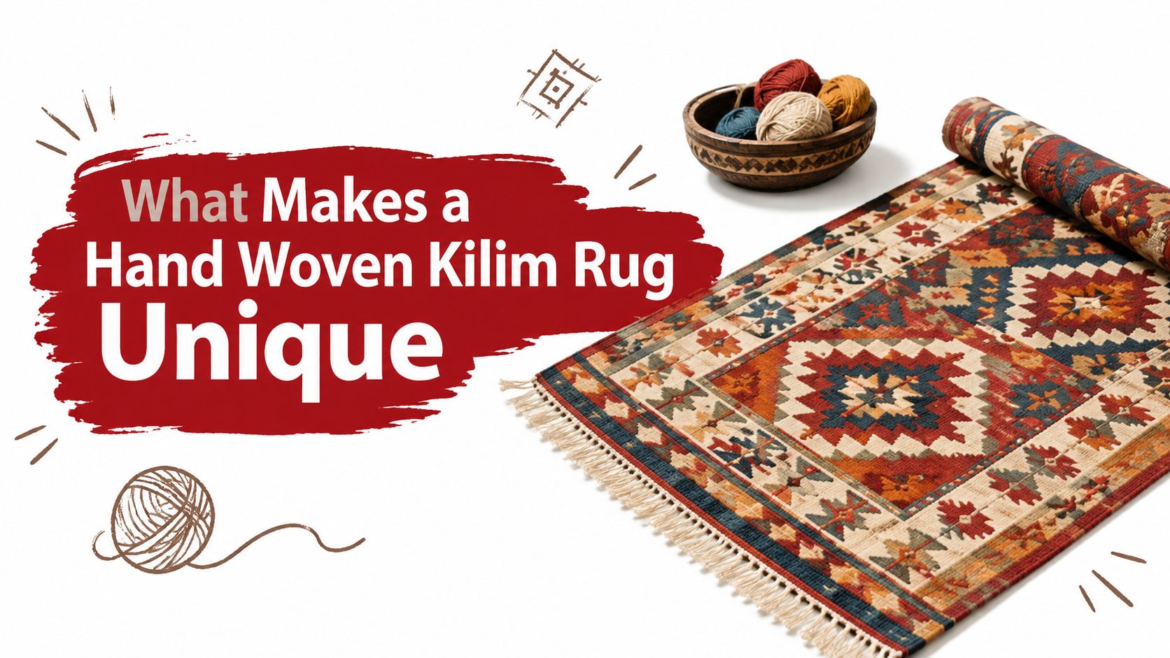 A hand woven kilim rug with geometric patterns displayed next to a bowl of colorful yarn balls.