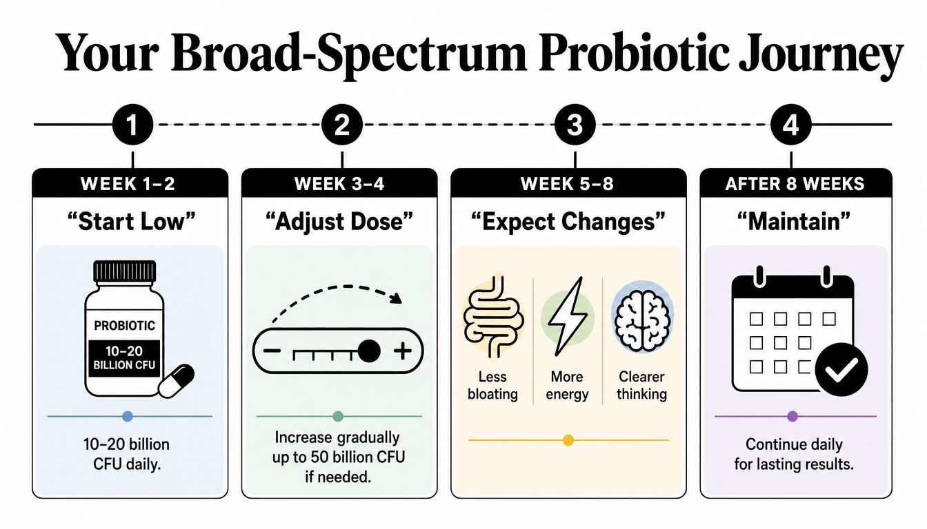 A four-step infographic illustrating a weekly guide for starting and maintaining a broad-spectrum probiotic supplement routine.