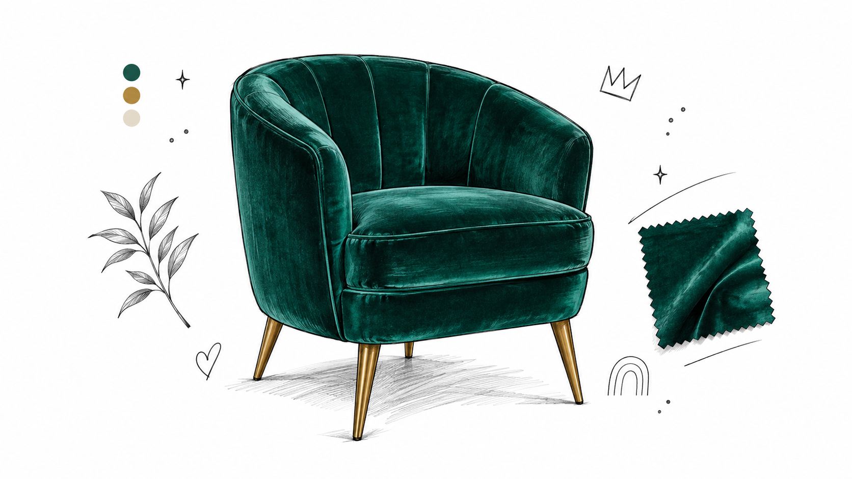 A digital illustration of a luxurious emerald green velvet accent chair with gold tapered legs.