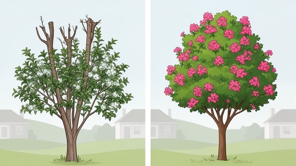 Two crepe myrtle trees demonstrating different pruning results: one poorly pruned with bare limbs, the other well-maintained with abundant pink blooms.