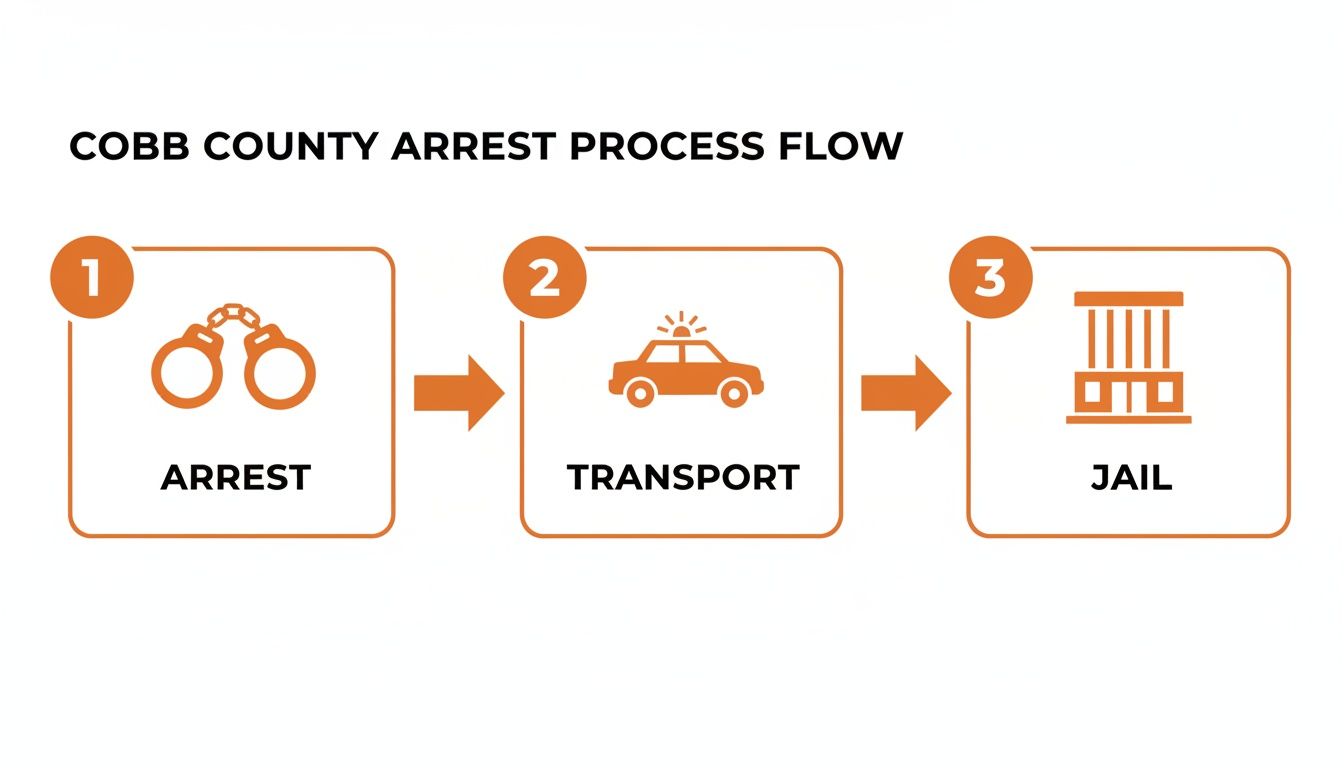 Flowchart showing the Cobb County arrest process with steps: Arrest (handcuffs), Transport (police car), and Jail (bars).