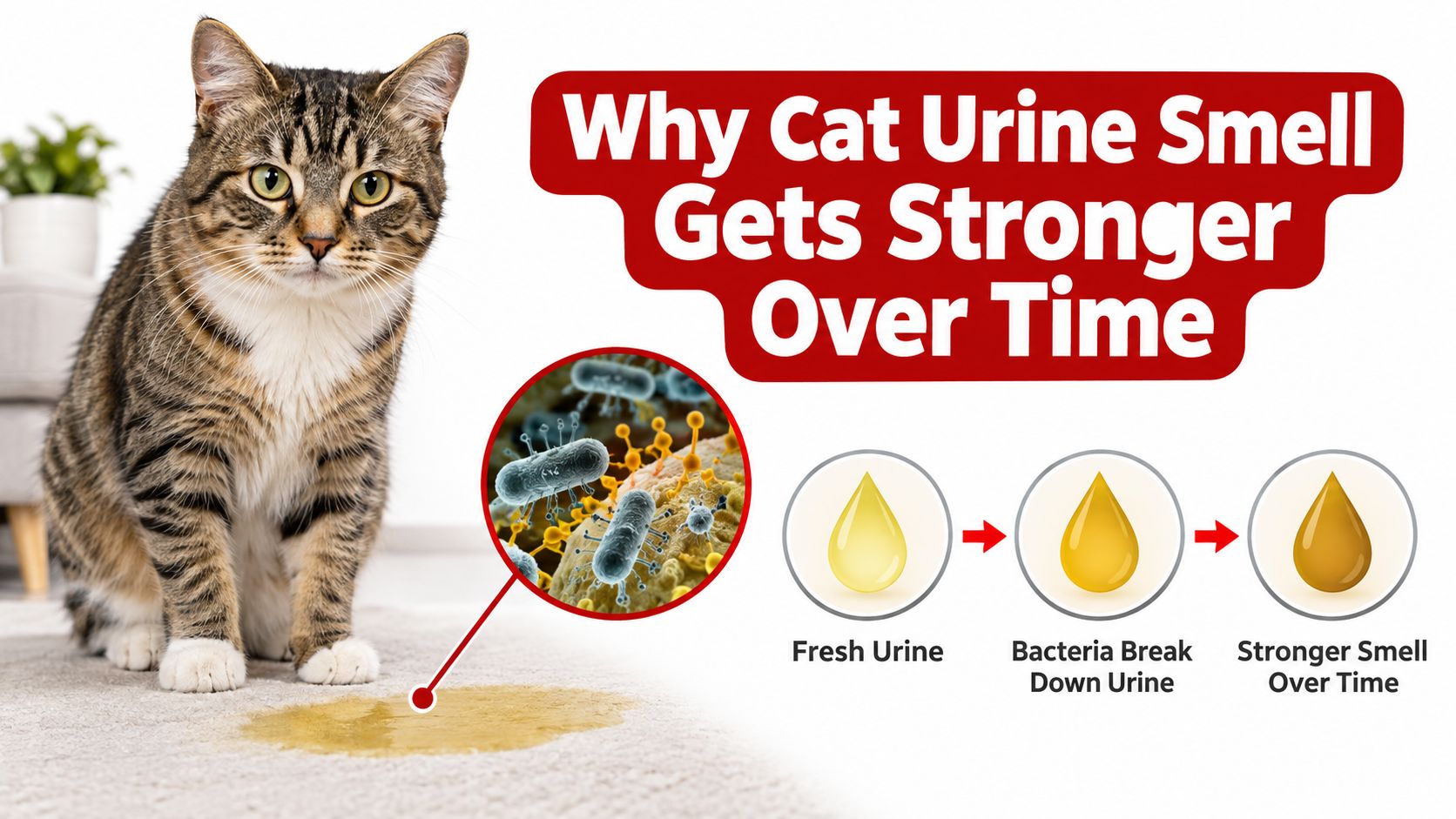 An infographic explaining how bacteria cause cat urine to produce a stronger odor over time on carpets.