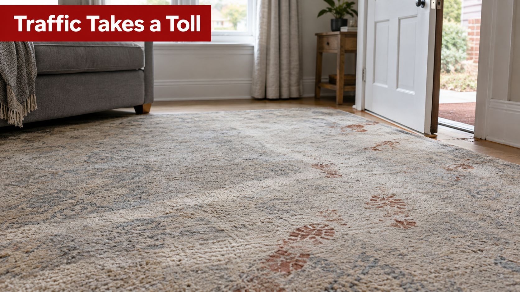A living room rug showing clear, muddy boot print stains from high foot traffic near an entryway door.