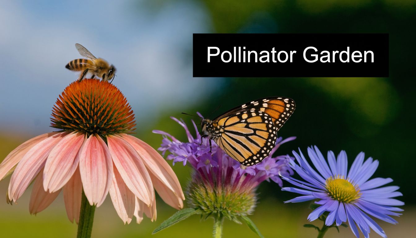 A honey bee and a monarch butterfly resting on vibrant purple and pink flowers in a garden.