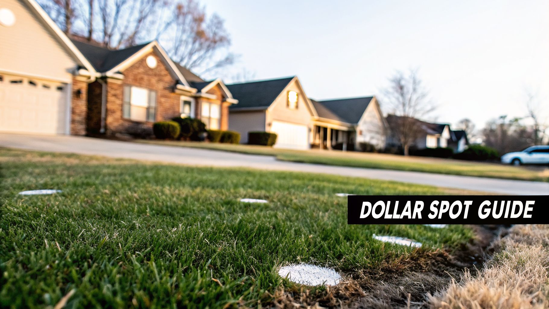 Lawn affected by dollar spot fungus, characterized by circular white patches, in a suburban neighborhood.