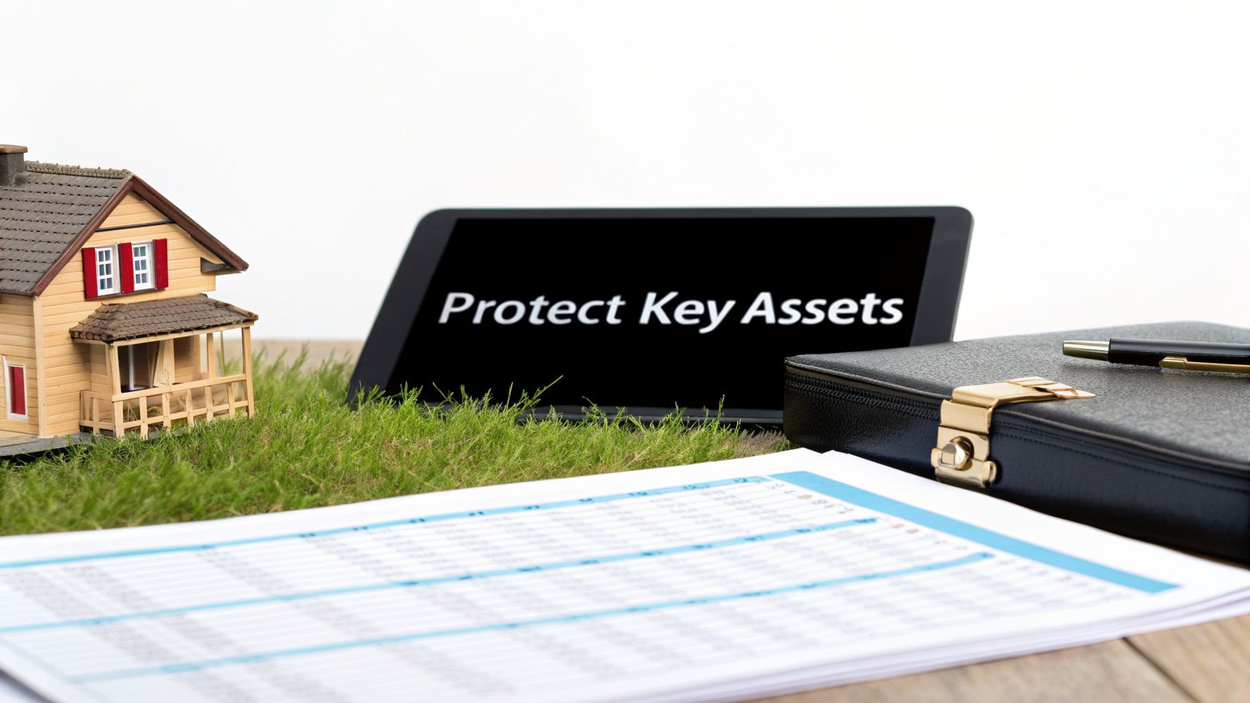 A miniature house, laptop showing 'Protect Key Assets', briefcase, and financial documents, symbolizing asset protection.