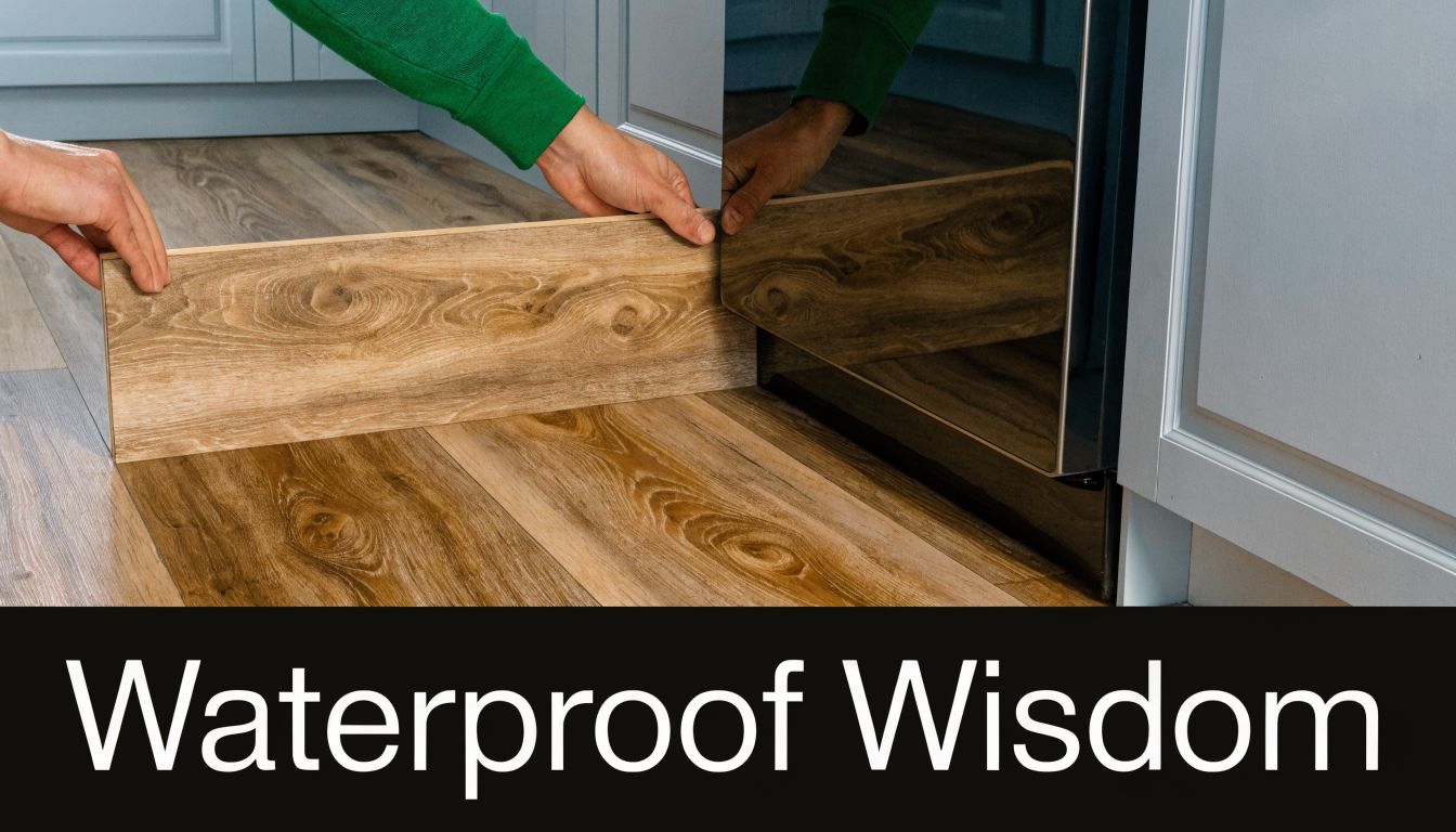 A pair of hands installing a wood-look vinyl plank flooring board against a kitchen base cabinet.