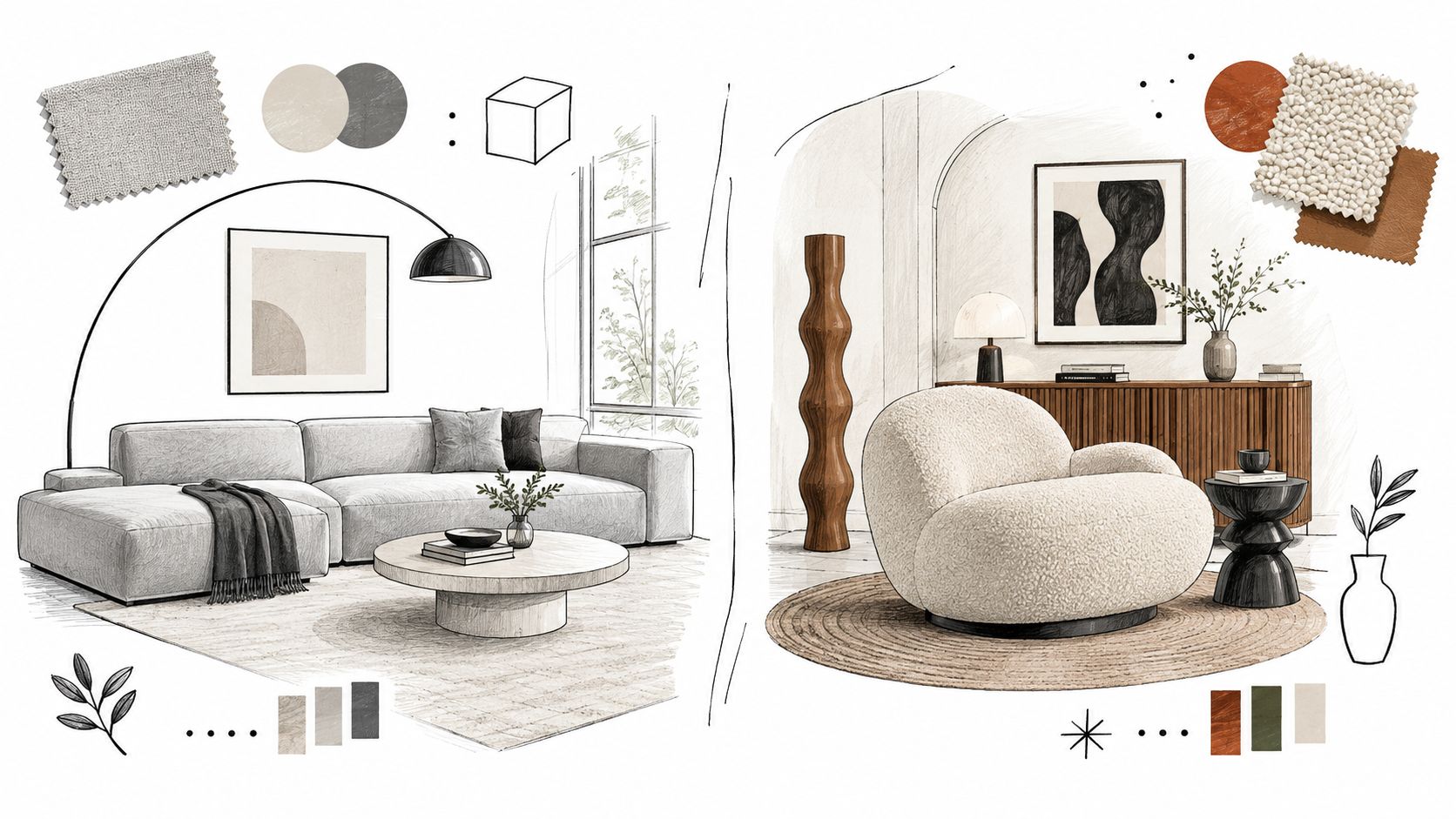 A digital sketch showcasing interior design mood boards with modern furniture, neutral upholstery fabrics, and earth-toned decor accents.