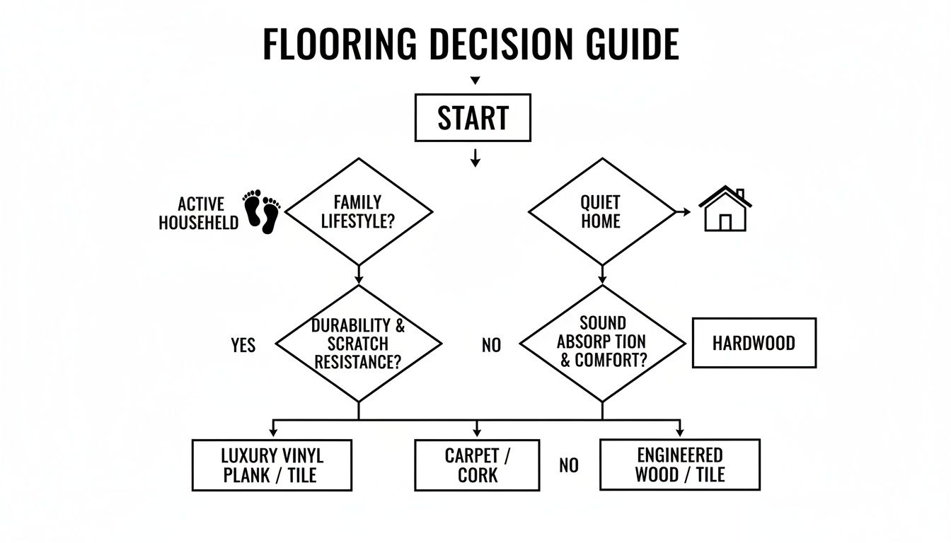 A flowchart guide for choosing the right flooring type based on lifestyle, durability, comfort, and quietness.