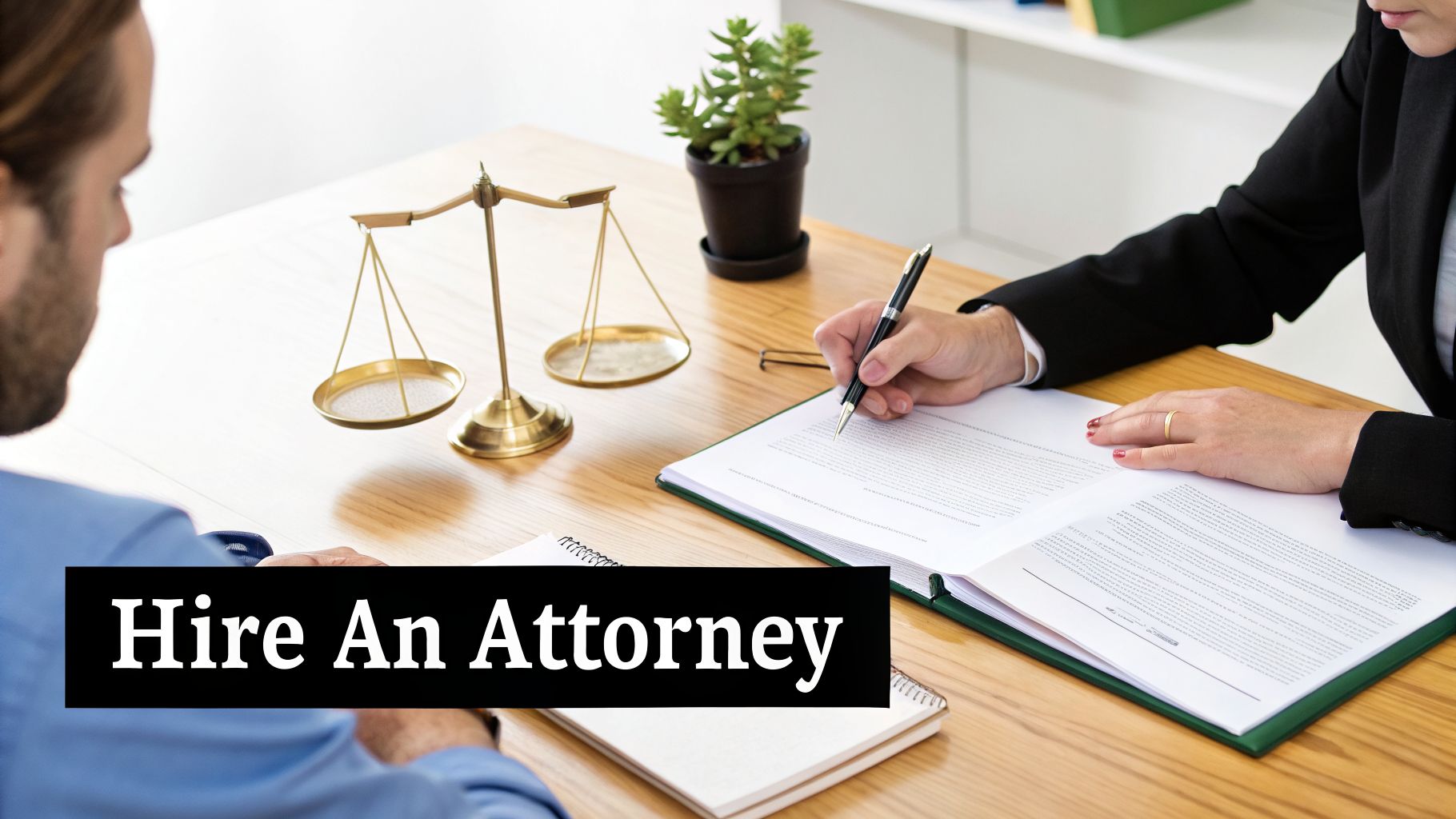 Attorney and client discussing legal documents with a scale of justice on a wooden desk.