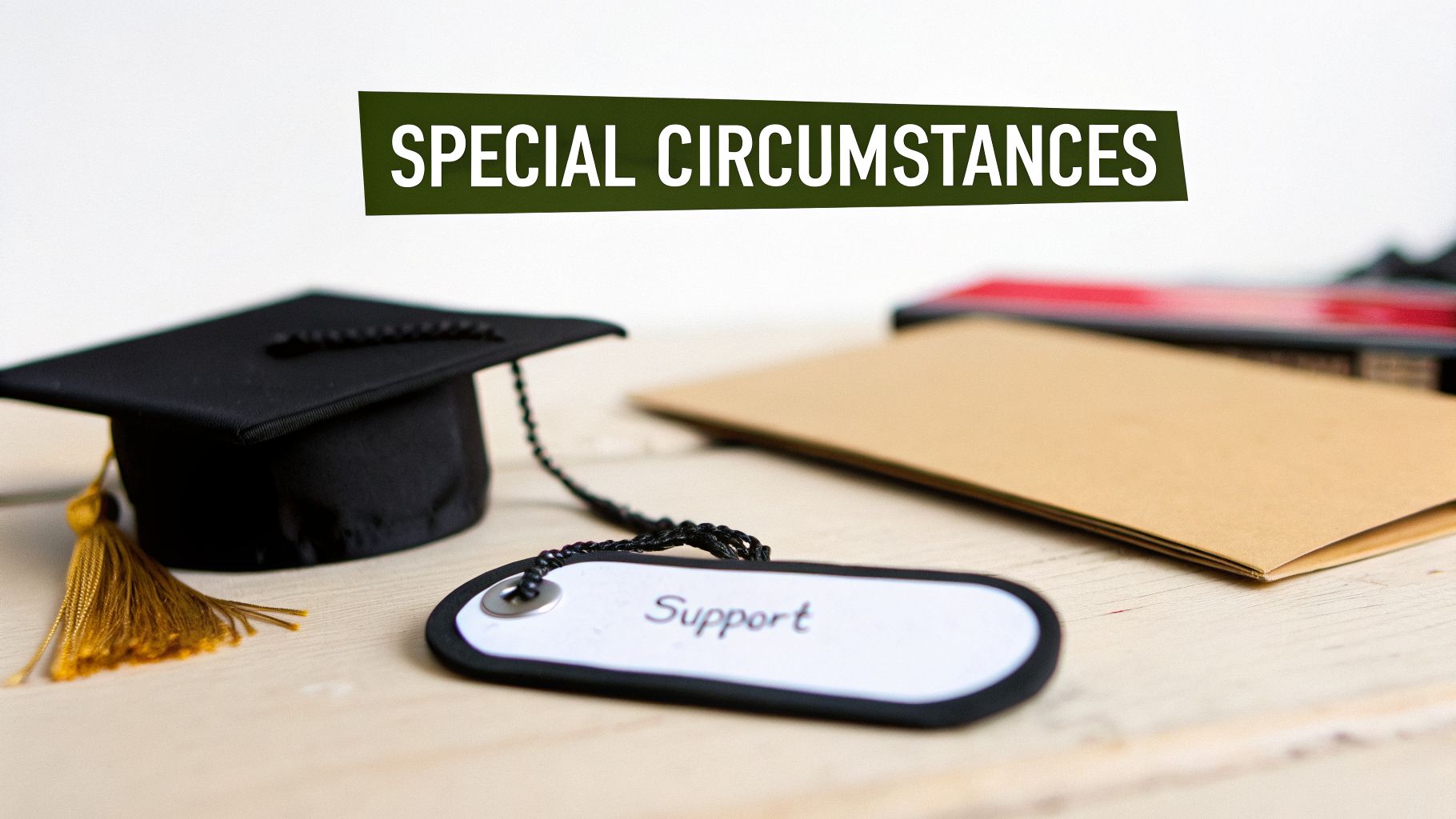 A graduation cap, a 'Support' tag, and an envelope on a table with 'SPECIAL CIRCUMSTANCES' text.